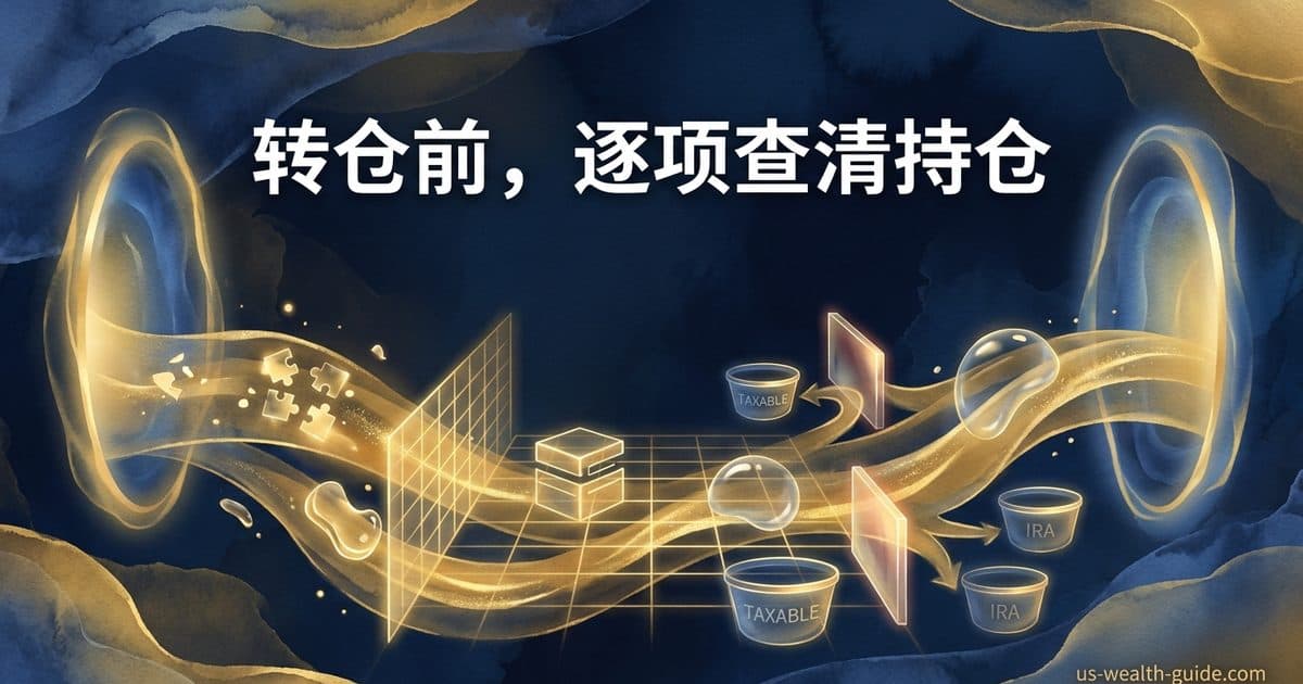 蓝金色转仓示意图,标题为转仓前逐项查清持仓,下方区分应税账户与 IRA