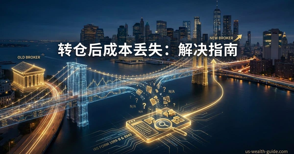 夜色中一座发光的桥连接 OLD BROKER 与 NEW BROKER,桥下散落标着 N/A 的单据和放大镜,角落写有 IRS Form 1099-B & 8949,标题为转仓后成本丢失:解决指南
