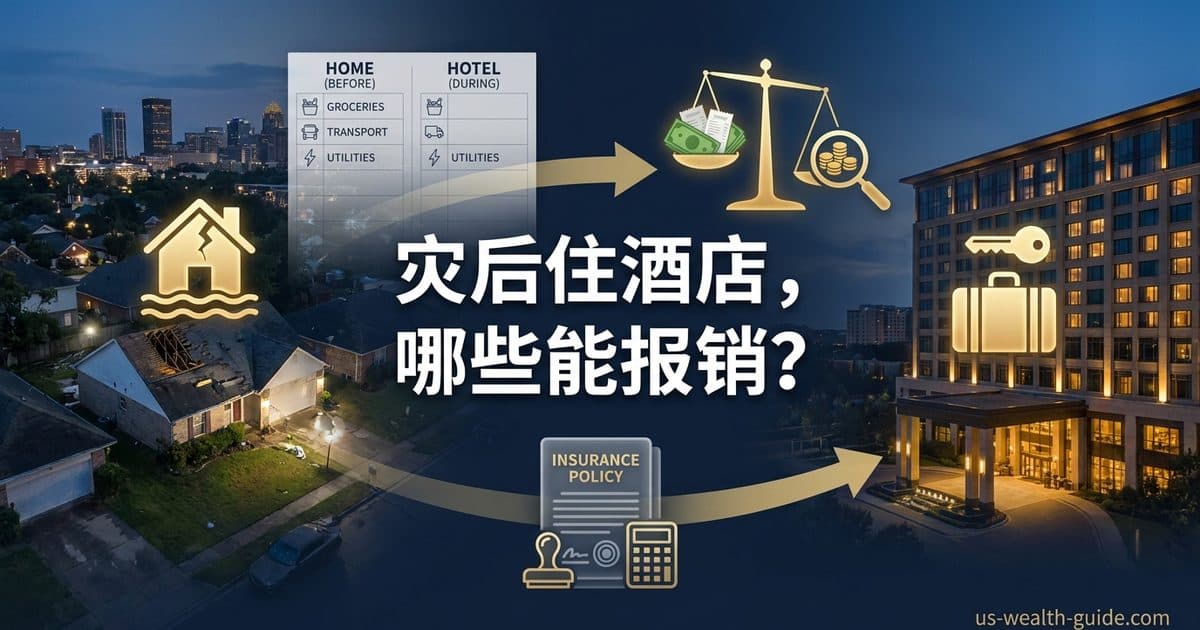 灾后房屋与临时酒店之间,以双栏费用表、收据和保险凭证说明生活费报销
