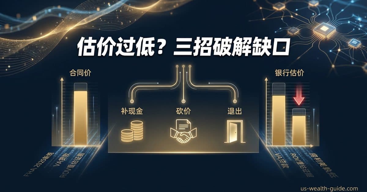 美国买房银行估价低于合同价时的补现金、砍价与退出三路径对比示意图