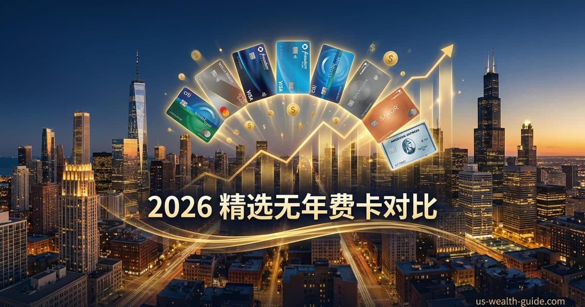 2026 最佳无年费信用卡排名:Citi Double Cash、Wells Fargo Active Cash、Chase Freedom Unlimited 等 10 张卡对比 — 美国高净财务指南博客封面图