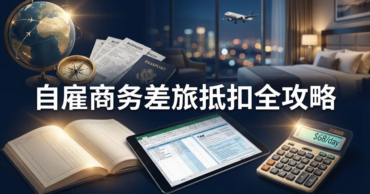 自雇者商务旅行抵扣完全指南:2026年航班酒店餐饮Per Diem全拆解(含S-Corp/LLC实操) — 美国高净财务指南博客封面图