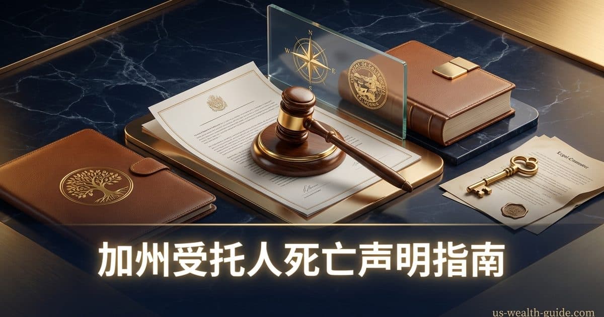 加州 Affidavit of Death of Trustee / 受托人死亡声明 2026 完全指南:房子已经进了生前信托,继任受托人能不能只靠一张县登记宣誓书过户(Prob. Code §18105 是更换受托人宣誓书不是司法理事会表格、§210 须附核证死亡证明与法律描述、联权死亡宣誓与洛杉矶县 Joint Tenant/Trustee 合并表不是同一条路径、§18100.5 信托证明书才是银行要的、§15621 生存共同受托人可继续行事、§15643 死亡造成空缺、§16061.7 六十日通知与 RTC §480(b) 一百五十日评估官申报仍要做、以及华人家庭把未注资房子误当成已进信托最常见的失败路径)(截至 2026 年 9 月核验) — 美国高净财务指南博客封面图