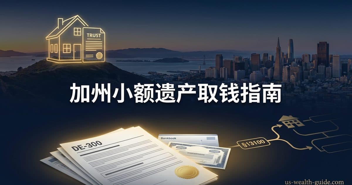 加州 Small Estate Affidavit / 小额遗产宣誓书 2026 完全指南:房子已经用信托、TOD、联权或配偶财产请愿处理完,银行和券商账户还在逝者个人名下,能不能用 §13100 取钱(DE-300 死亡日 2025-04-01 及之后动产宣誓书门槛仍是 208,850 美元不是网上的 239,700、资格测试看的是扣除 §13050 之后的加州不动产加动产总值所以已进信托或联权的湾区房不计入、司法理事会没有 DE 号领取表只有必须附上的 DE-300、DE-305 是 §13200 小额不动产六个月程序、DE-310 是 §13151 主要自住房 750,000 美元请愿、车辆走 DMV REG 5 不是 13100、倾注遗嘱下受托人可按 §13051 代信托领取、以及站内 Heggstad/配偶请愿把小额程序写成湾区房对照表却没写剩下账户怎么取)(截至 2026 年 9 月核验) — 美国高净财务指南博客封面图