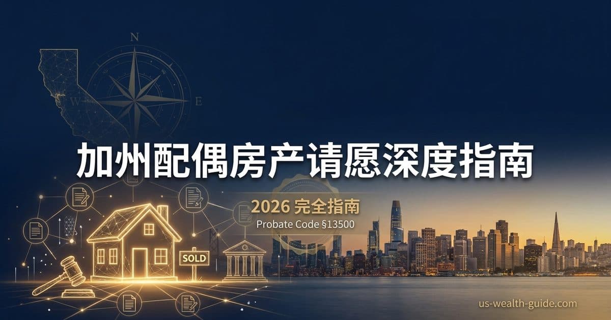 加州 Spousal Property Petition / 配偶财产请愿 2026 完全指南:丈夫名下的湾区房子,生存配偶能不能避开全套 Probate(§13500 说传给配偶的财产原则上无需管理但产权公司和银行仍要法院命令、司法理事会强制表是 DE-221/DE-226 不是联权死亡宣誓、倾注遗嘱依 §13501(b) 整条关掉、单独财产无遗嘱时子女按 §6401 分走三分之二、§13540 四十日社区不动产处分权不是自动改契据、DE-300 小额门槛盖不住湾区房价、以及站内 Probate 文把社区财产写成自动过户的纠偏)(截至 2026 年 9 月核验) — 美国高净财务指南博客封面图