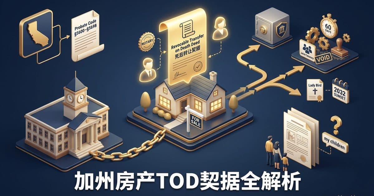 加州 Revocable Transfer on Death Deed / TOD 死后转让契据 2026 完全指南:不想做生前信托,单靠一张契据能不能让湾区房子避开 Probate(Prob. Code §5600–§5698 只覆盖住宅不动产、公证后 60 日内必须登记否则无效、2022 年起两名见证人加合同能力、联权共有或附生存权社区财产在去世时整份契据依 §5664 作废、法定表格禁止写 my children、受益人先去世则失效且不能指定候补、不是佛州 Lady Bird / Enhanced Life Estate、2032 年 1 月 1 日日落但日落前签署的仍有效、死后还要 §5681 通知继承人与 120 日异议窗、以及华人父母拒做信托时最常见的失败路径)(截至 2026 年 9 月核验) — 美国高净财务指南博客封面图