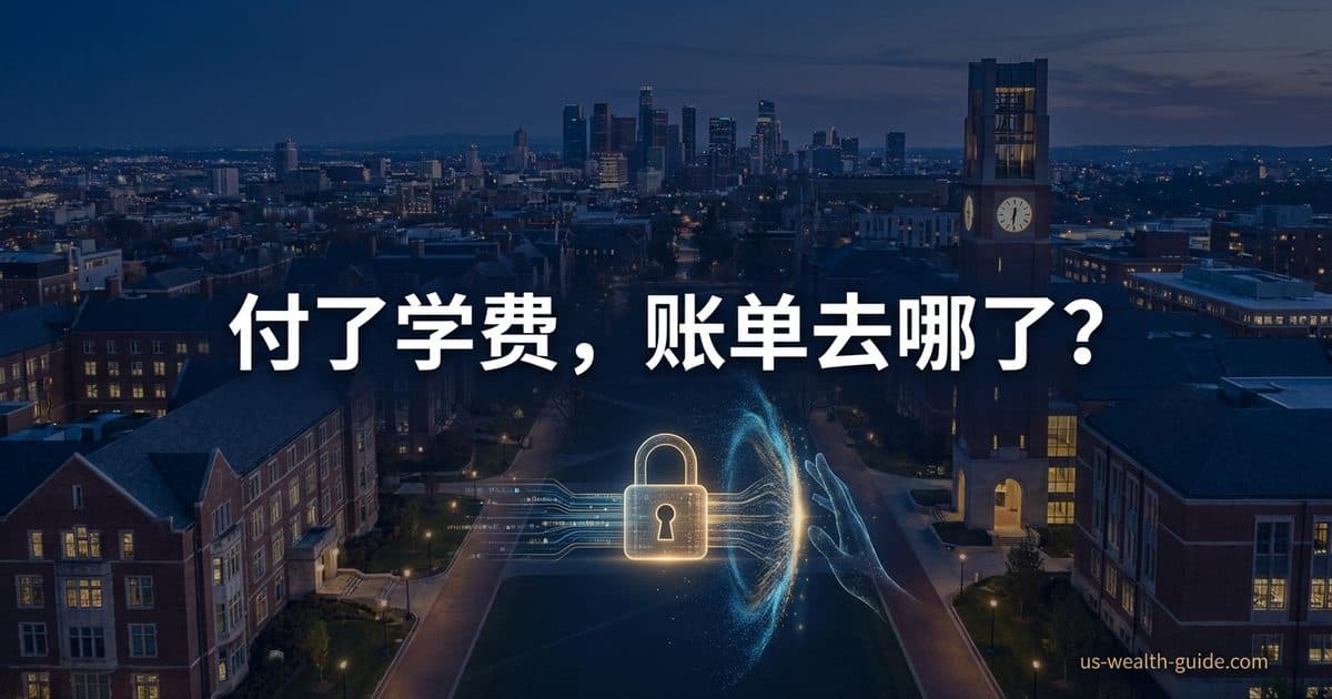 黄昏时的大学校园俯瞰,中央一把发光的锁与伸向它的手,标题为付了学费,账单去哪了?