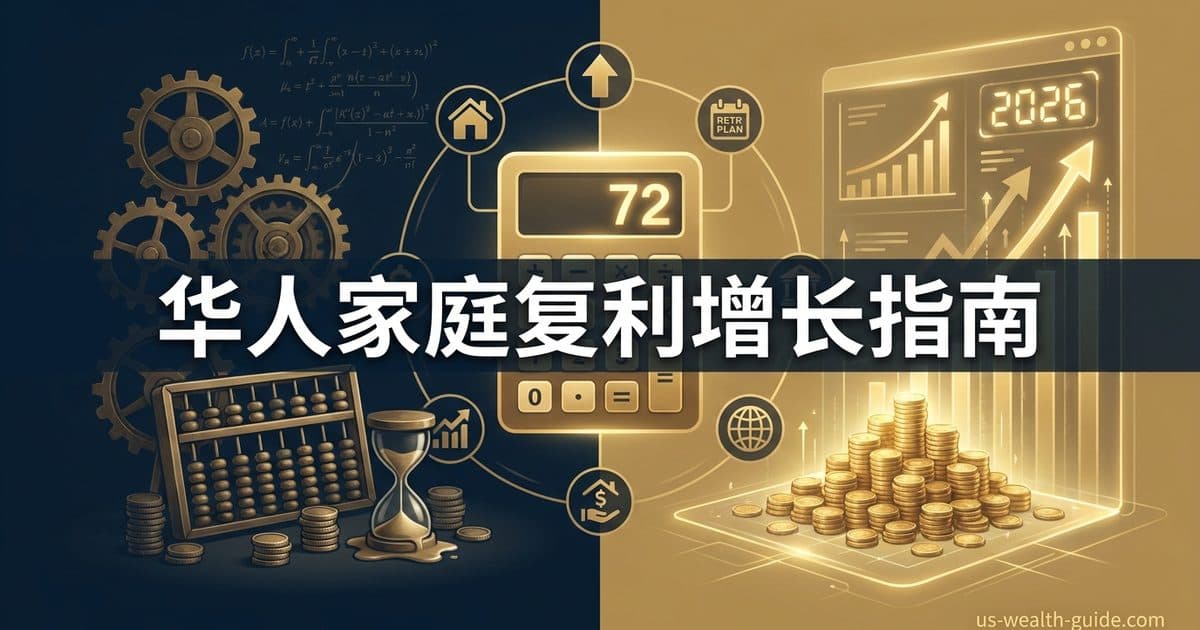 2026复利计算器使用完全指南:月供定投复利公式拆解、72法则速算、通胀调整与税后实际收益华人家庭从1万到100万美元路径测算|定投频率、复利频率与401k雇主匹配复利效果对比 — 美国高净财务指南博客封面图