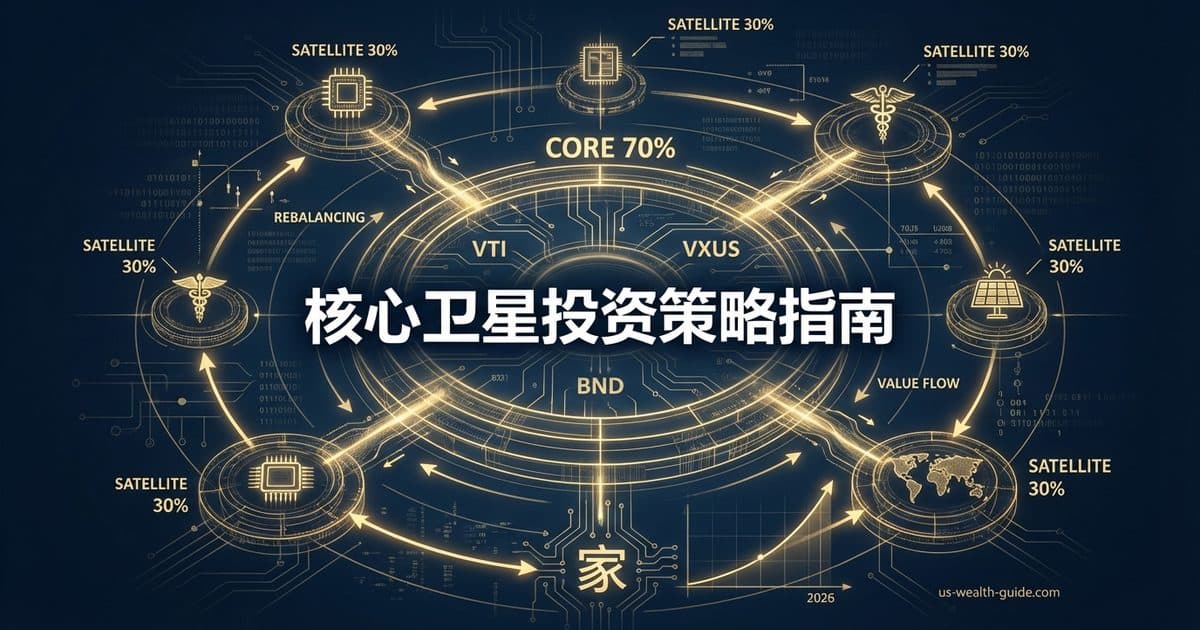 Core-Satellite 核心卫星投资策略完整指南:70/30配置、ETF选择、卫星仓位管理与华人家庭实操方案 — 美国高净财务指南博客封面图