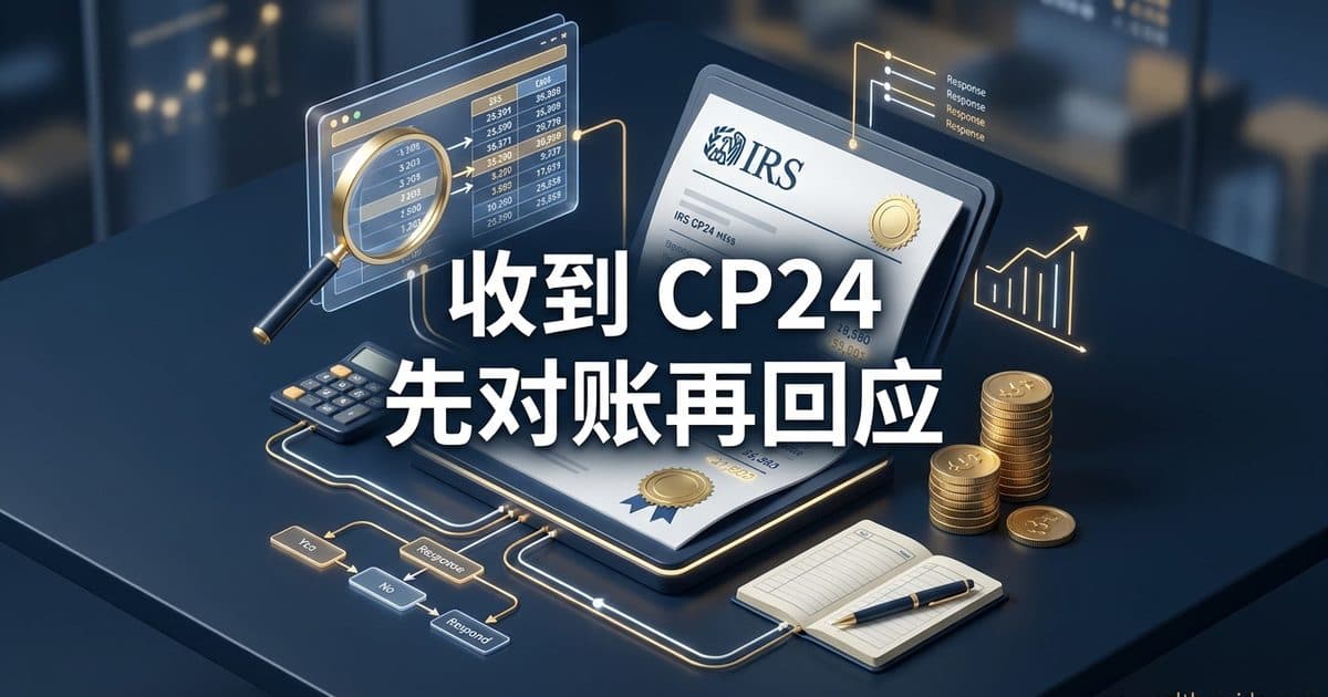 CP24 对账主题插画:税务通知、付款记录与计算器,文字为“收到 CP24,先对账再回应”