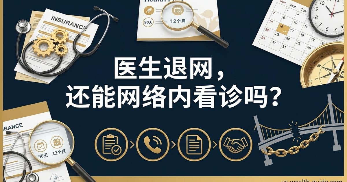 医生退网后核对延续照护的示意图,含保险文件、电话与交接图标