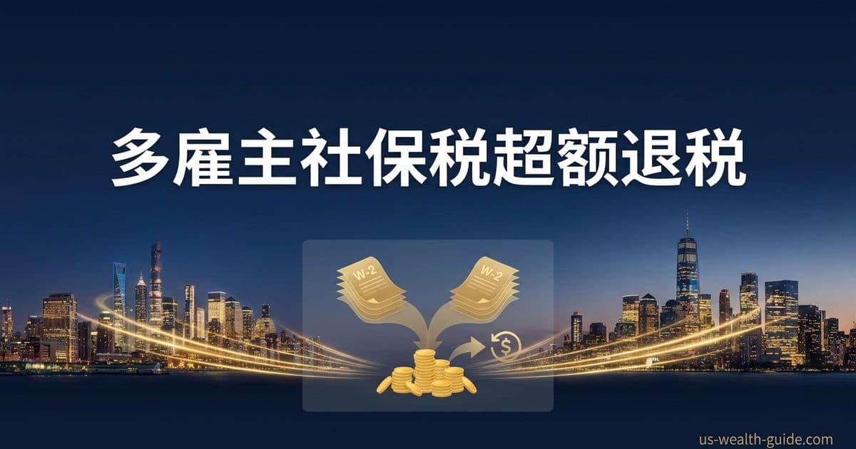 两叠 W-2 表汇入金币并指向退税图标,标题为多雇主社保税超额退税