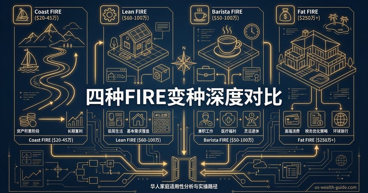 Coast FIRE / Lean FIRE / Fat FIRE / Barista FIRE 四种退休自由变种完整对比:华人家庭适用性分析与实操路径 — 美国高净财务指南博客封面图