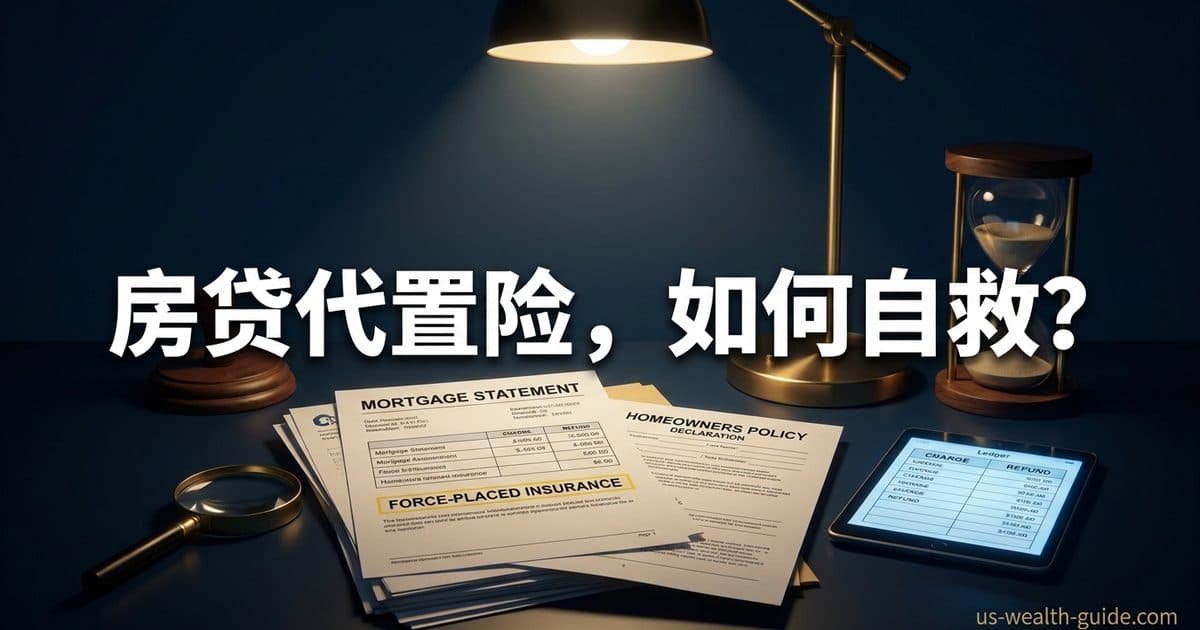 台灯下的房贷账单、屋主保单和放大镜,右侧平板显示收费与退款核对表