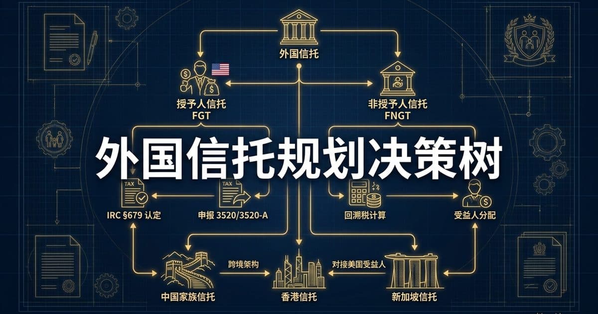 2026年外国信托规划决策树:Grantor vs Non-Grantor、3520/3520-A 申报、中国/香港/新加坡家族信托与华人家庭跨境架构完全指南 — 美国高净财务指南博客封面图