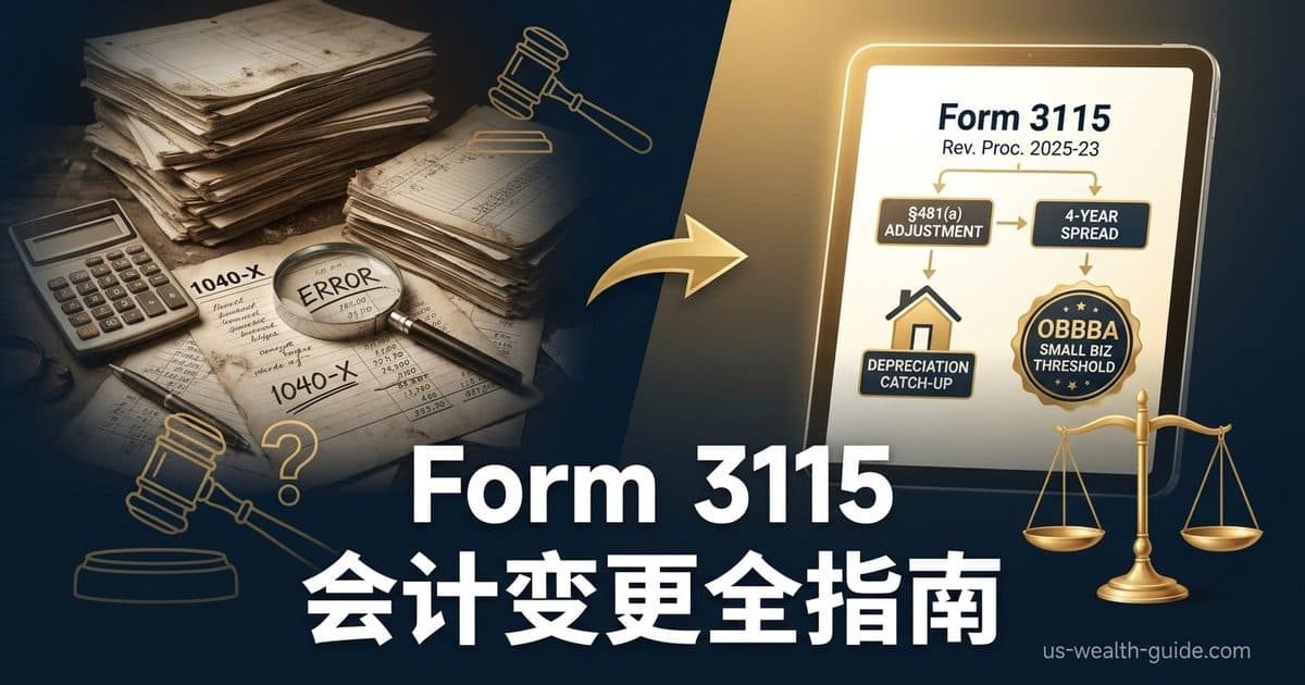 Form 3115与会计方法变更(Change in Accounting Method)完全指南:§446同意要求、§481(a)四年分摊、Rev. Proc. 2025-23自动清单、忘记折旧一次性补回与OBBBA小企业现金法门槛 — 美国高净财务指南博客封面图