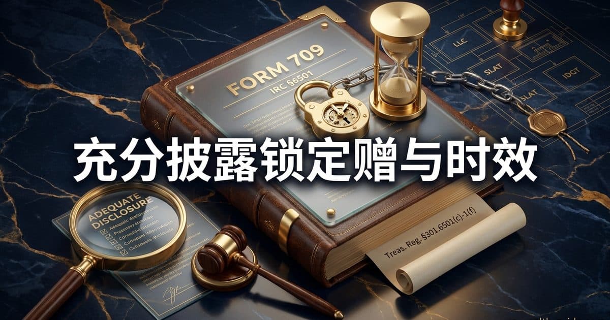 Form 709 充足披露 2026 完全指南:报了赠与税表就能锁死三年时效吗(IRC §6501(c)(9) 未充分披露则无限期、Treas. Reg. §301.6501(c)-1(f) 五项清单与合格评估替代、§2001(f)/§2504(c) 遗产与后续赠与不得重估、非赠与交易 (f)(4) 与不完整赠与 (f)(5)、Rev. Proc. 2000-34 补正申报、Schlapfer 实质遵守不是省略清单的许可证、以及华人家庭把 LLC/SLAT/IDGT 写进附表时最常见的失败路径)(截至 2026 年 8 月核验) — 美国高净财务指南博客封面图