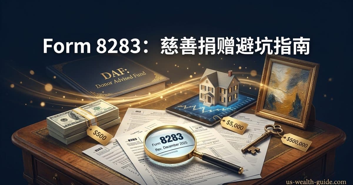 Form 8283 非现金慈善捐赠申报完全指南:$500/$5,000/$500,000 三档门槛、Section A/B 判定与合格评估(qualified appraisal)规则——华人高净值赠股票/房产/艺术品给 DAF 避坑 — 美国高净财务指南博客封面图