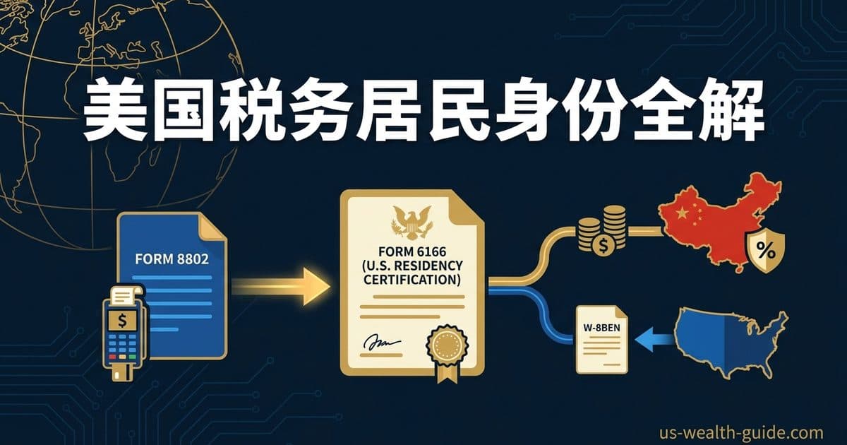 Form 8802 与 Form 6166 美国税务居民身份证明完全指南:$85/$185 用户费、45 天处理与 12 月 1 日规则、W-8BEN 镜像对照与华人用 6166 减中国/海外预扣税实操 — 美国高净财务指南博客封面图