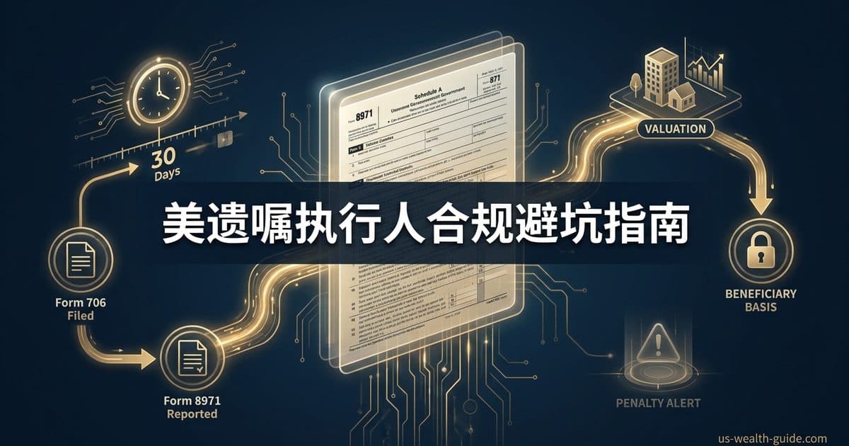 Form 8971 与基础一致性(basis consistency)完全指南:§6035 执行人 30 天申报义务、Schedule A 送达受益人、§1014(f) 继承基础不得超遗产税估值、2024 年最终条例减负、§6721/§6722 罚则,华人继承美国资产执行人避坑 — 美国高净财务指南博客封面图
