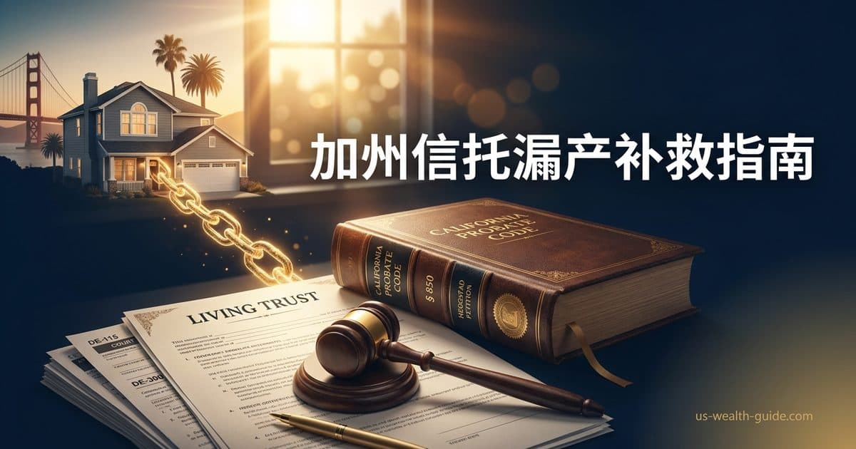 加州 Heggstad / Probate Code §850 未注资补救 2026 完全指南:信托签了但房子没过户,还能不能避开 Probate(Estate of Heggstad 自己当受托人的书面声明即可、Ukkestad 概括转让可借公共产权记录补足不动产描述、Osswald 未附 Schedule A 则失败、Carne 把财产转给他人为受托人走 §15200(b)、§851 三十日通知不得缩短、强制通知用 DE-115 不是 DE-120、司法理事会 DE-300 自住房 75 万美元简易请愿盖不住湾区房价、以及华人家庭再贷款把房子拿出信托后最常见的失败路径)(截至 2026 年 8 月核验) — 美国高净财务指南博客封面图