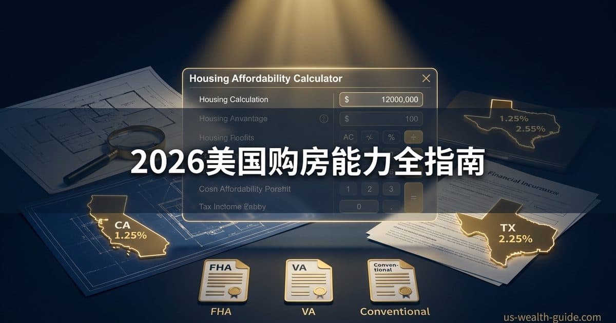 2026美国房屋可负担能力计算器完全指南:28/36法则用到手薪资反推最高房价、各州房产税与PMI 78%/80%自动取消阈值、FHA 3.5%/VA零首付/Conventional华人买房决策工作流 — 美国高净财务指南博客封面图