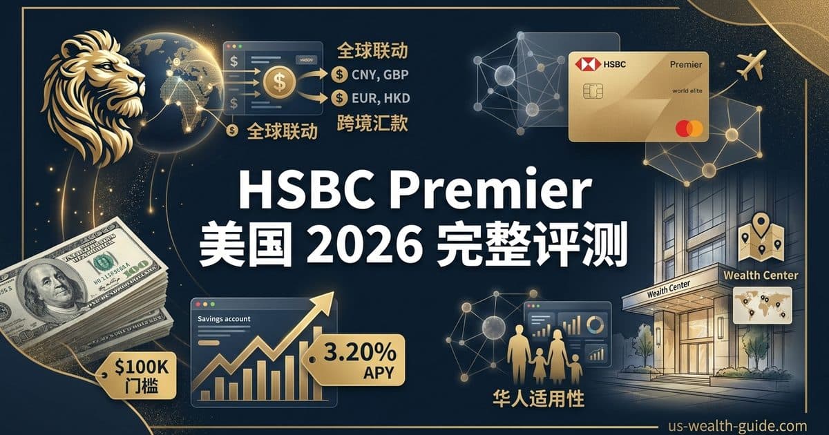 HSBC Premier 美国 2026 完整评测:$100K 门槛 / 全球联动 / 储蓄利率 / 跨境汇款 / 华人适用性 — 美国高净财务指南博客封面图