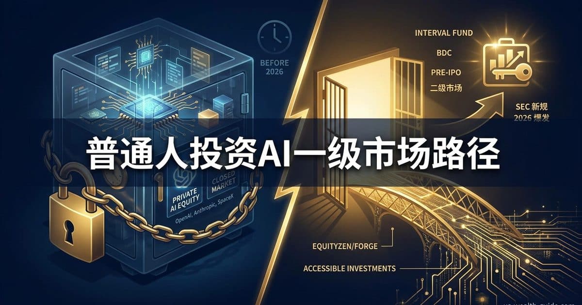 普通人如何间接买到AI一级市场:Interval Fund、BDC、Pre-IPO基金、二级市场——投资门槛全景对比 — 美国高净财务指南博客封面图