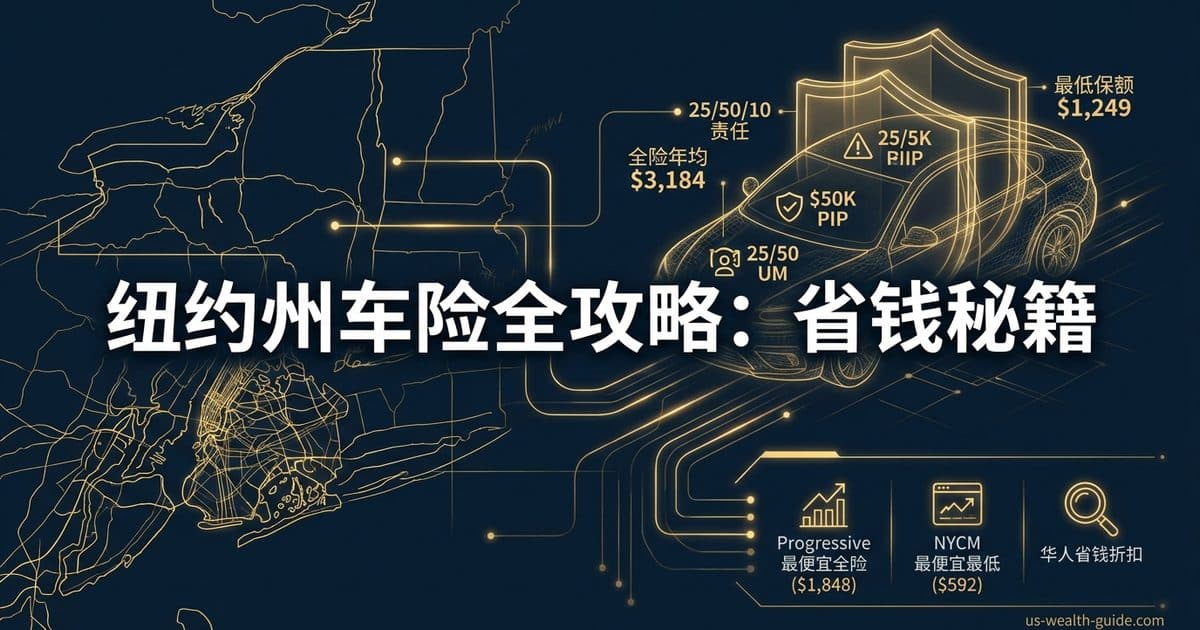 纽约州汽车保险完全指南 2026:平均费率、最便宜公司、最低保额要求与华人省钱技巧 — 美国高净财务指南博客封面图