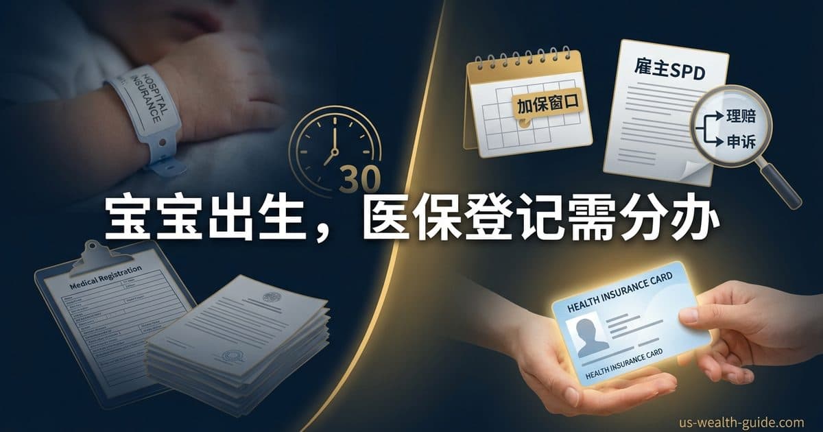 左侧是新生儿手腕上的医院标签和就诊登记表,右侧是加保窗口日历、雇主SPD与健康保险卡,象征两条分开办理的轨道