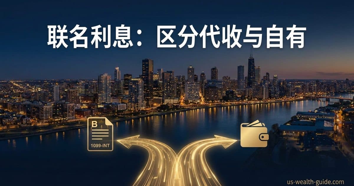 夜景前的 1099-INT 文件与钱包以金色分流箭头连接,标题为联名利息:区分代收与自有
