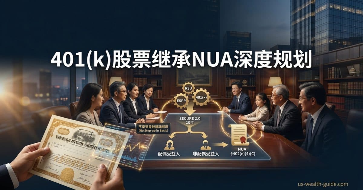 401(k) 雇主股票 NUA 继承与集中持股规划:身故后配偶与非配偶受益人继承 NUA(§402(e)(4)(C))、RSU/ESPP 协同与 SECURE 2.0 提取避坑 — 美国高净财务指南博客封面图