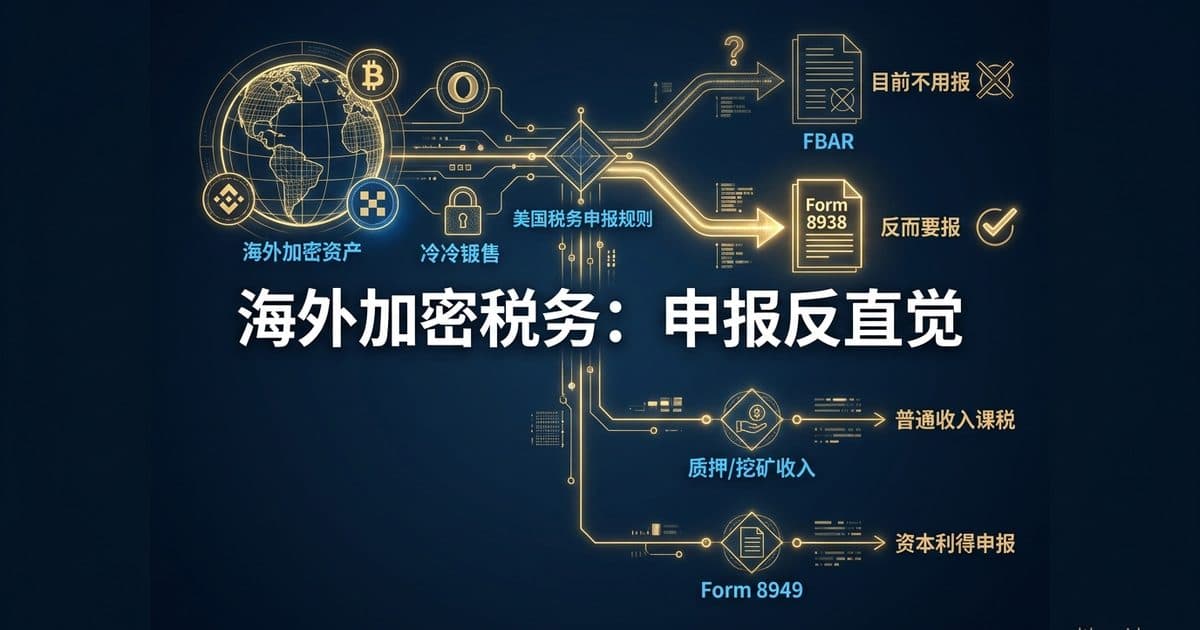 海外加密货币交易所与美国税务申报:为什么 FBAR'目前不用报'而 Form 8938'反而要报'——FinCEN 拟议规则、8938/8949、质押收入与冷钱包豁免的决策矩阵 — 美国高净财务指南博客封面图