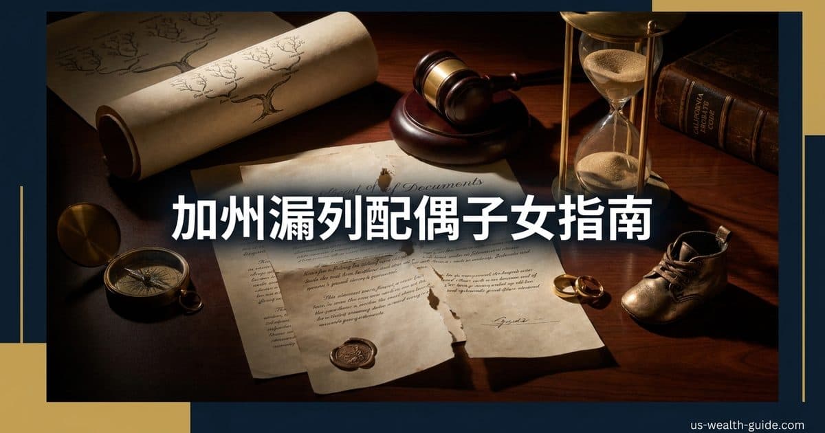 加州漏列配偶 / 漏列子女 2026 完全指南:信托签完才结婚或孩子出生,还能不能拿法定份额(Prob. Code §21610 只覆盖婚后才签完全部文件的配偶、分产有上限不是全套无遗嘱、§21611 四条例外含 2020 年护理人六个月婚姻、Family Code 1615 不过关仍可能靠 Probate §§140–147 放弃继承、§21620 只救文件之后出生或收养的子女、纽约 elective share 与佛州 30% 对照、以及华人家庭在中国结婚后才做加州信托最常见的失败路径)(截至 2026 年 8 月核验) — 美国高净财务指南博客封面图