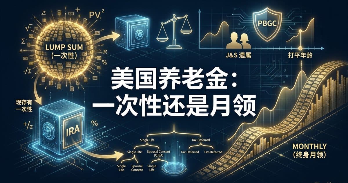 一次性养老金与终身月领的比较示意,含IRA、遗属保障和PBGC元素