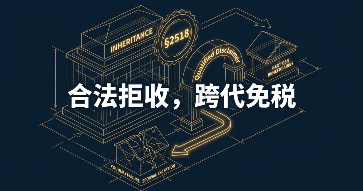 §2518 合格放弃继承权(Qualified Disclaimer):合法免税『拒收』遗产、跨代资产平移与华人信托防御(Crummey 失效与配偶例外) — 美国高净财务指南博客封面图