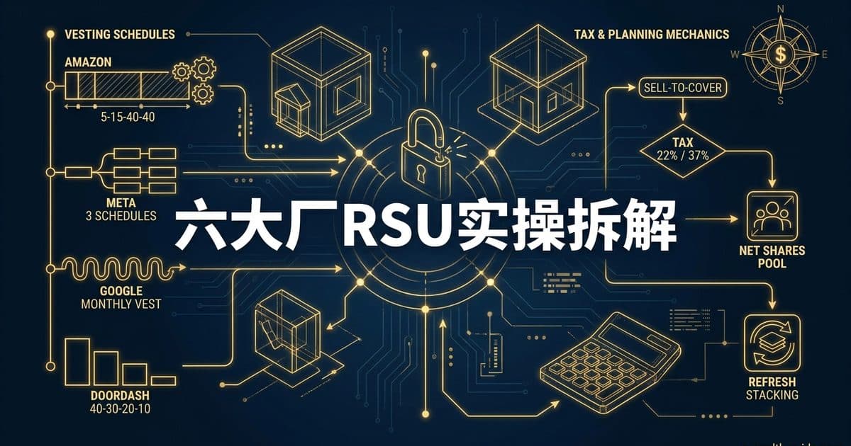 RSU Vesting Schedule实操指南:Amazon/Meta/Google/DoorDash解禁时间表、扣税流程与集中持股规划 — 美国高净财务指南博客封面图