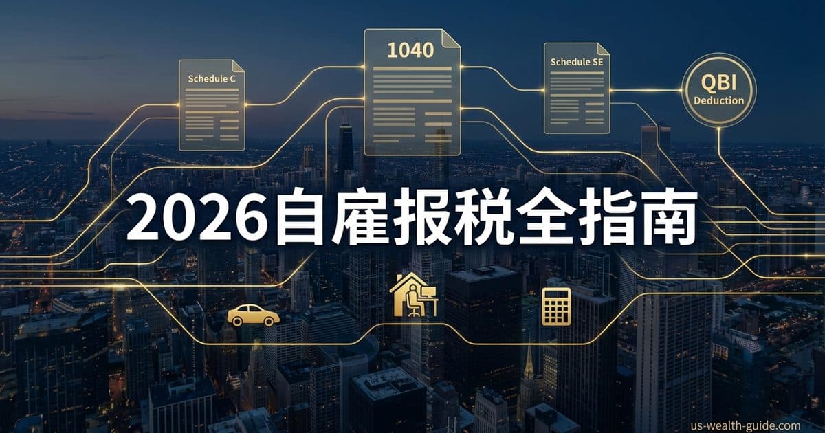 Schedule C税表展开在深蓝背景上,金色箭头标注各Part连接关系,旁边计算器显示数字,象征逐行拆解自雇报税流程