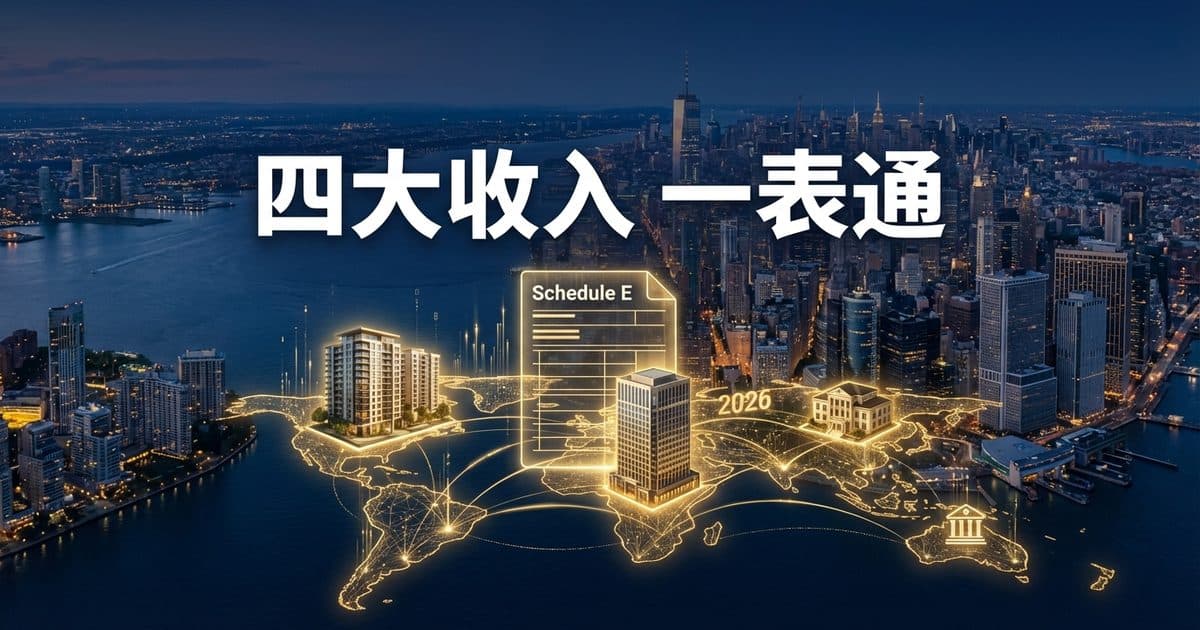 Schedule E附表指南信息图:四个Part分区图示,涵盖租金、K-1、信托与REMIC数据流向