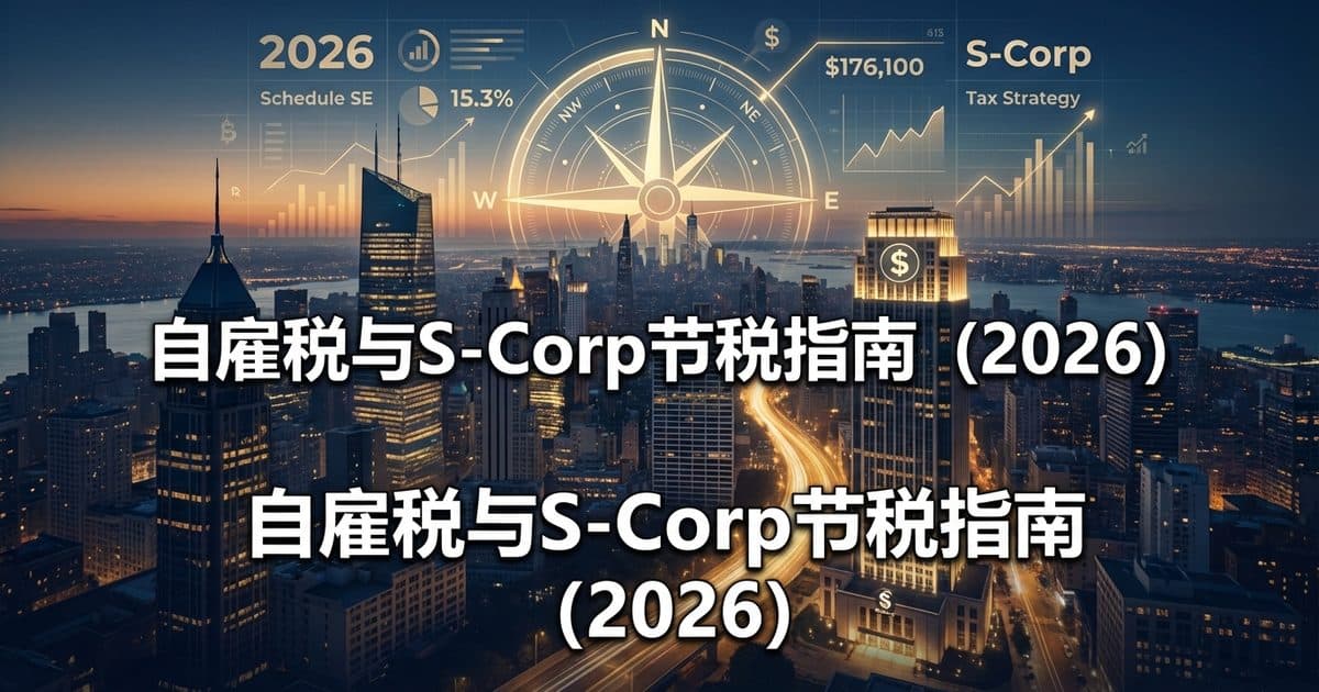 Schedule SE税表置于深蓝背景上,金色数字15.3%醒目标注,旁边圆饼图分割出12.4% Social Security和2.9% Medicare两部分