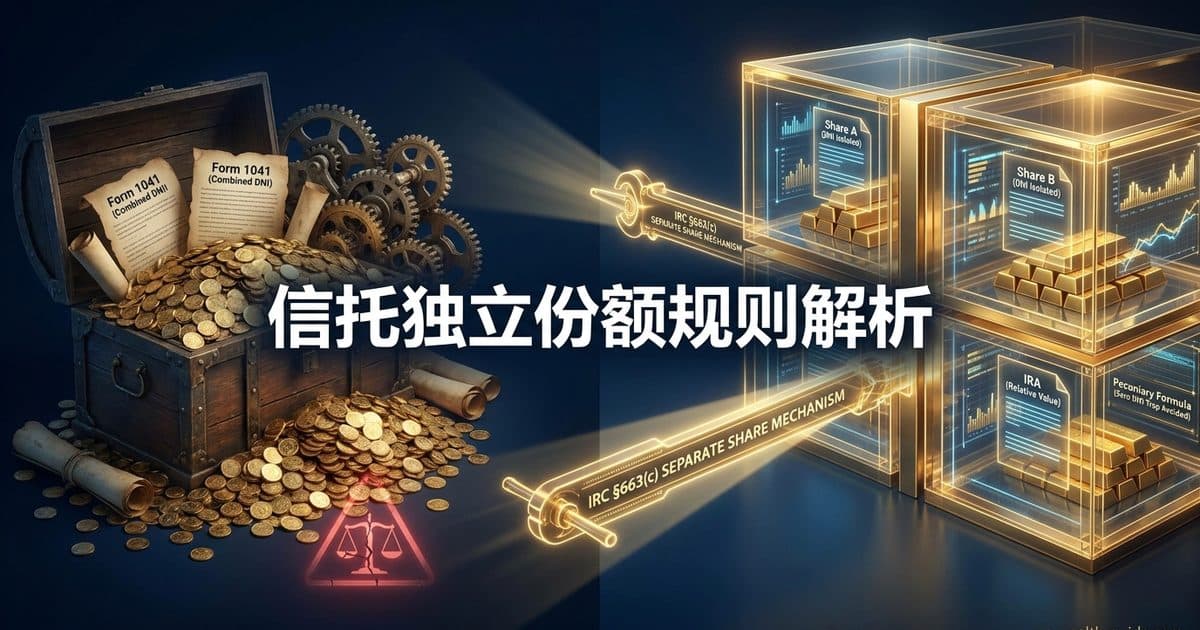 IRC §663(c) 信托独立份额规则完全指南:一份 Form 1041 里的多份额 DNI 隔离机制、非选举性与三不分离红线、遗产与 §645 QRAT 适用(1999 年 T.D. 8849 现行条例)、IRA 逝者未完所得 §691(a) 按相对价值分配陷阱、pecuniary formula 条款零 DNI 陷阱与 60/40 分数公式年中注资算例(截至 2026 年 8 月核验) — 美国高净财务指南博客封面图