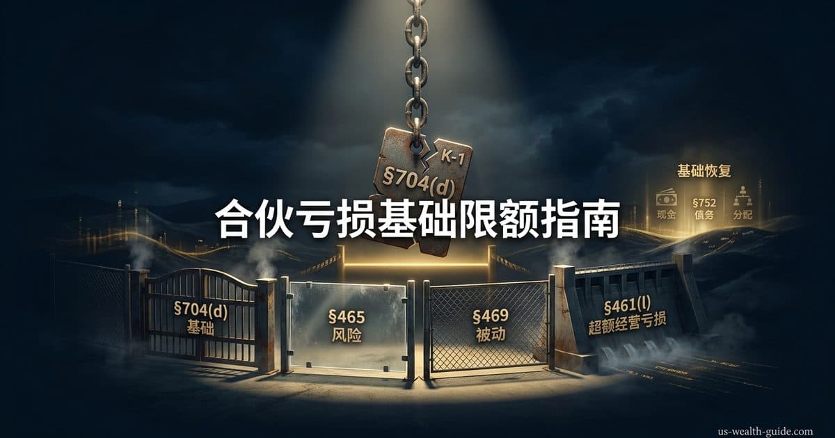 §704(d) 合伙亏损的「基础限额」完全指南:亏损只能扣到 outside basis 为止、超额部分「挂起」递延、基础恢复(现金贡献/§752 债务份额增加/分配所得)才放行、不减少基础(suspended losses do not reduce basis)、四道亏损限制的先后顺序(§704(d) 基础 → §465 风险 → §469 被动 → §461(l) 超额经营亏损)、§704(d)(3) 慈善捐赠增值财产特殊规则、合伙终止时挂起亏损的命运——华人 FLP/杠杆房产合伙/GP-LP 基金「为何我的 K-1 亏损不让我抵」 — 美国高净财务指南博客封面图