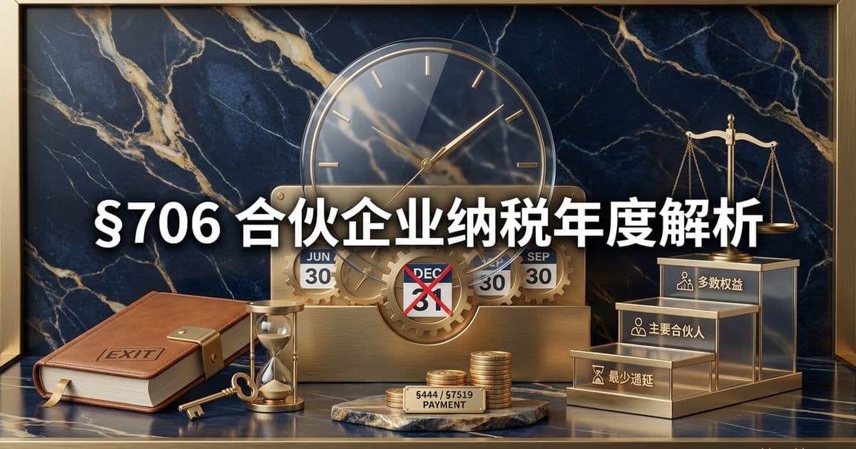 Section 706 合伙企业纳税年度:为什么 12 月 31 日不是默认选项、多数权益/主要合伙人/最少递延三层瀑布如何决定合伙企业纳税年度、出售全部权益时如何触发「年度关闭」给离场合伙人制造短纳税年度,以及用财政年度想省税必须付出的 §444 选举与 §7519 预缴代价 — 美国高净财务指南博客封面图