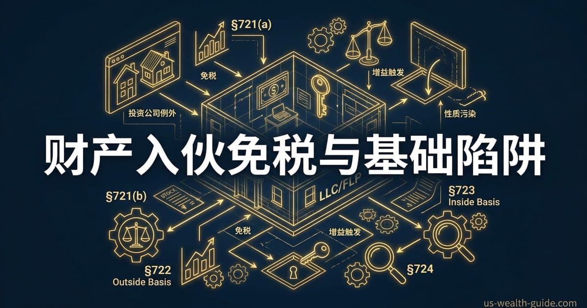 §721 把财产投进合伙为何「不确认增益」:§721(a) 免税贡献总规则、§721(b) 投资公司例外(多样化证券触发增益,§351(e) 口径)、§722 outside basis(现金+贡献财产 carryover 基础+§752 债务份额)、§723 inside basis(carryover)、§724 贡献财产的「性质污染」(unrealized receivables 无期限普通收入、inventory 5 年普通收入、capital loss property 5 年资本亏损)——华人把升值房产/券商账户/家族生意投进 LLC/FLP 的入伙基础与隐藏陷阱 — 美国高净财务指南博客封面图