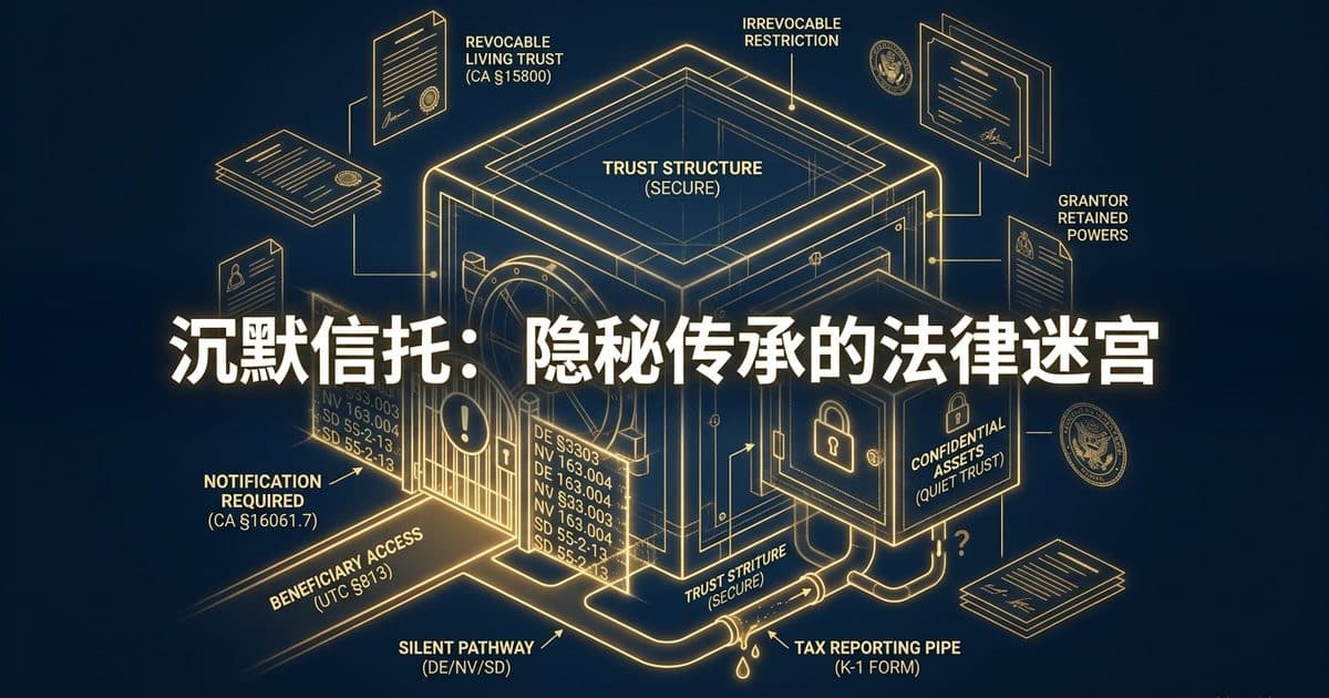沉默信托 / Quiet Trust 2026 完全指南:什么时候可以不告诉子女信托存在(UTC §813 知情与报告义务、加州 Prob. Code §16061.7 设保人不得放弃死亡通知、特拉华 12 Del. C. §3303/§3339 指定代表、内华达 NRS 163.004、南达科他 SDCL 55-2-13)、设保人信托 1.671-4 申报与 K-1 会不会自己把秘密捅破、以及加州家庭 decant 到特拉华为什么通常救不了已经锁死的生前信托(截至 2026 年 8 月核验) — 美国高净财务指南博客封面图