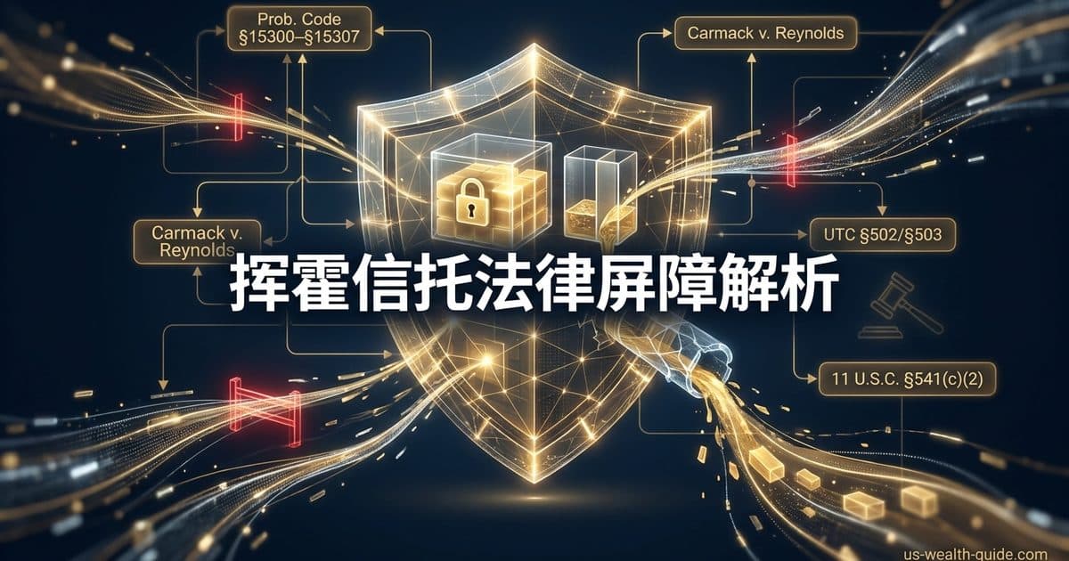 挥霍条款 / Spendthrift Trust 2026 完全指南:第三方信托能不能挡住子女的债权人与离婚分割(加州 Prob. Code §15300–§15307 与 Carmack v. Reynolds 两桶规则、UTC §502/§503 例外债权人、自我设立 §15304 无效、破产 11 U.S.C. §541(c)(2) 只承认州法仍有效的限制、以及可撤销生前信托在世时挡不住自己的债)(截至 2026 年 8 月核验) — 美国高净财务指南博客封面图