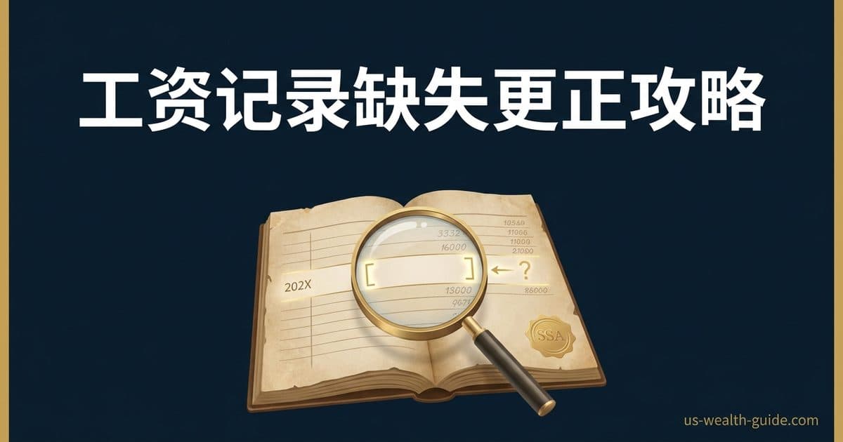 深蓝背景上翻开的社安收入记录账册与放大镜聚焦缺失年份空栏,右下角带有 SSA 金色印章,上方标题为工资记录缺失更正攻略