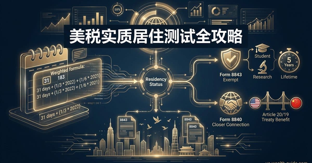 实质居住测试(Substantial Presence Test)完全指南:31/183 天加权公式、Form 8843 豁免个人与 Form 8840 紧密联系例外、华人留学生/访问学者/候鸟居民身份判定与中美协定 Article 20/19 存续 — 美国高净财务指南博客封面图