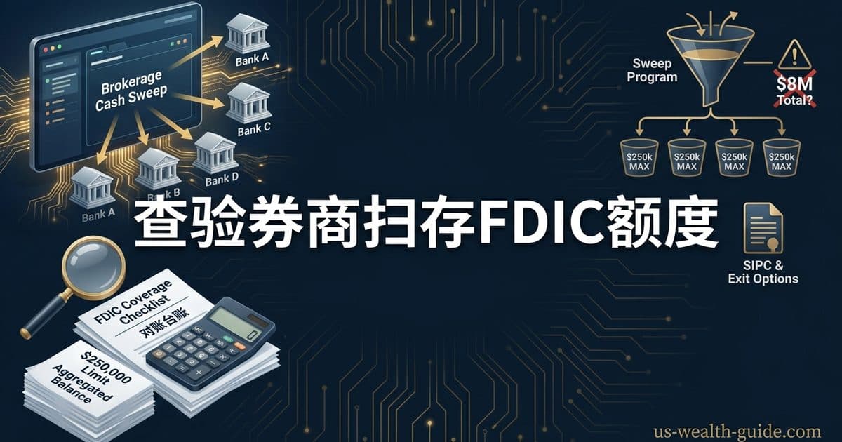 券商现金扫向多家银行的示意图,配有存款保障核对清单、对账台账与计算器