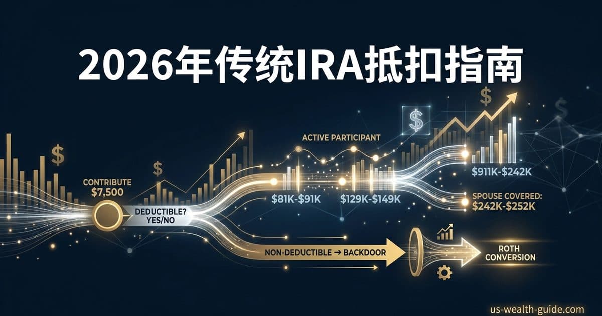 2026年Traditional IRA可抵扣限制完全指南:活跃参与者相位$81K/$91K、$129K/$149K、配偶被覆盖规则与不可抵扣→Backdoor决策 — 美国高净财务指南博客封面图